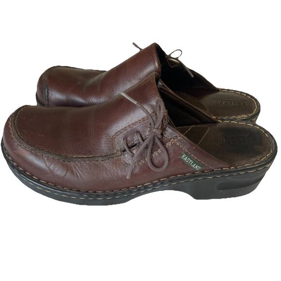 Vtg Eastland Leather Wedge Mules Womens 11M Casual Slip On Brown Moc Y2K Chunky - Picture 1 of 8